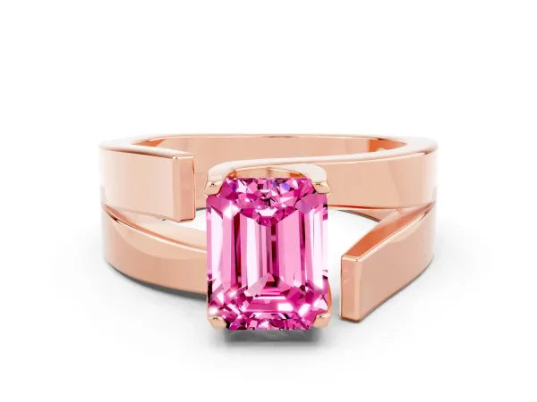 Modern Tension Set Emerald Cut Pink Sapphire Solitaire Wide Band Ring Rose gold