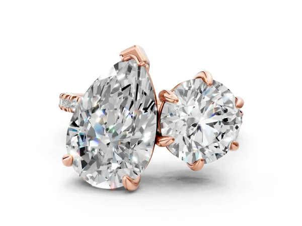 Round and Pear Toi Moi Ring with Prong Setting and Pave Band Rose gold