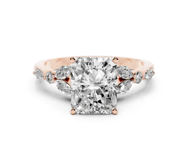 Radiant Cut Diamond Solitaire Ring with Side Stones and Four-Prong Setting Rose gold