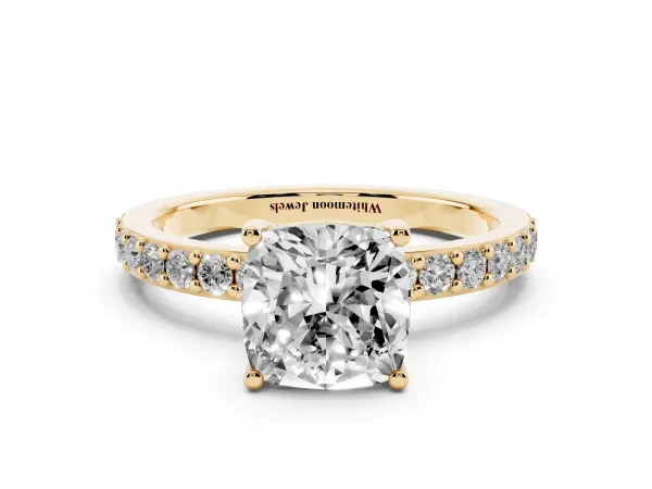 Cushion Cut Cut Diamond Solitaire with Pave Band and Four-Prong Setting Yellow gold