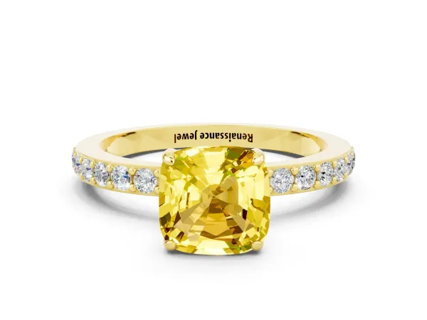 Cushion Cut Yellow Sapphire Solitaire Engagement Ring with Pavé Band and Four-Prong Setting Yellow gold