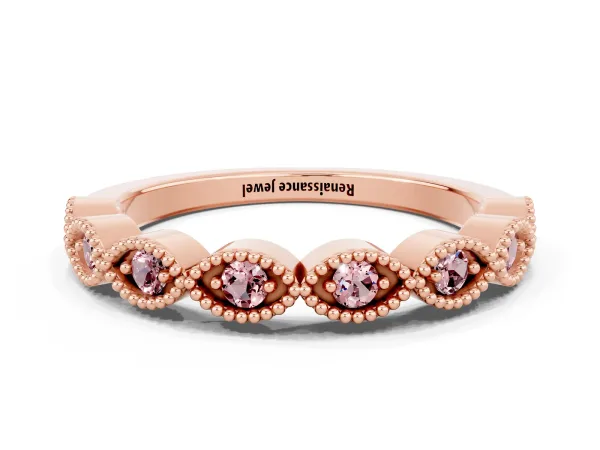 Milgrain Marquise Morganite Half Eternity Band with Bezel Setting Rose gold