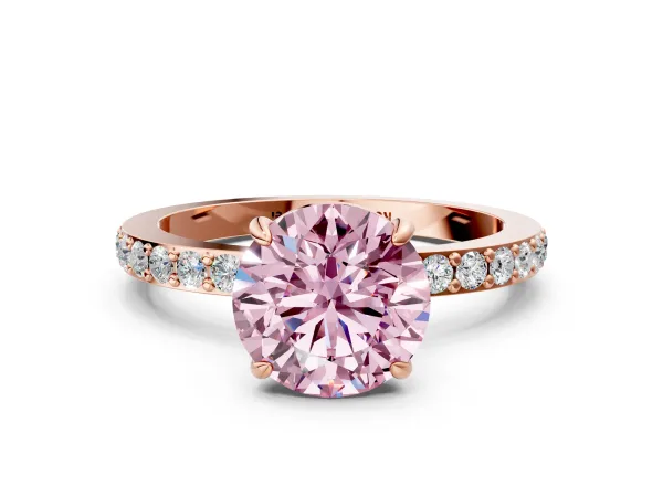 Fancy Pink Round Cut Diamond Solitaire Engagement Ring with Pavé Band and Four-Prong Setting Rose gold