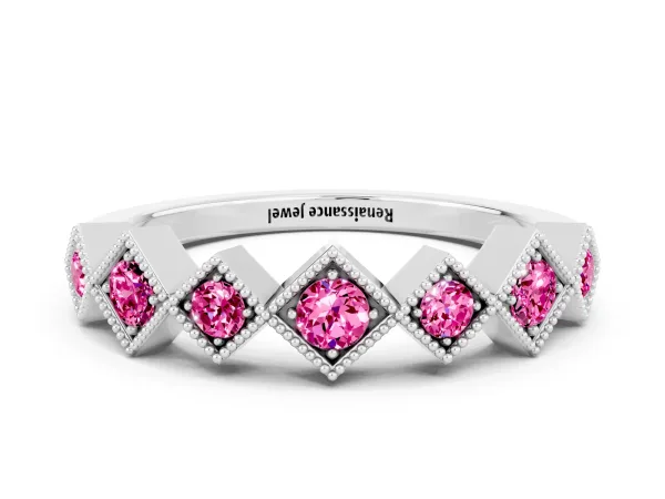 Milgrain Square Bezel Round Pink Sapphire Chevron Band Platinum