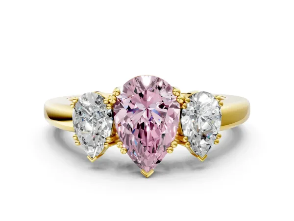 Fancy Pink Three-Stone Pear Cut Cut Diamond Ring with Channel Set Band and Four-Prong Setting Yellow gold