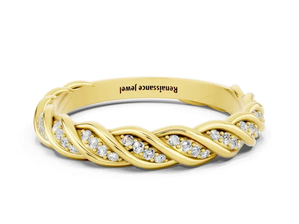 Twisted Pavé Round Moissanite Eternity Band with Shared Prong Setting Yellow gold
