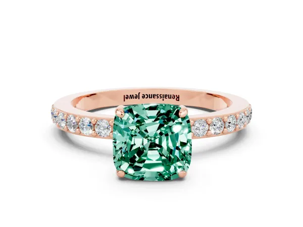 Cushion Cut Green Sapphire Solitaire Engagement Ring with Pavé Band and Four-Prong Setting Rose gold