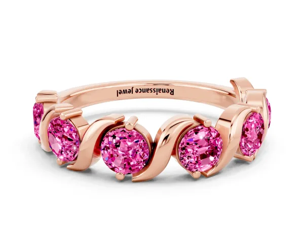 Six-Stone Round Pink Sapphire Wave Band with Shared Prong Setting Rose gold