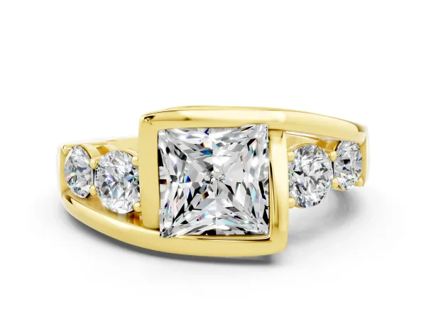 Bezel Set Princess Cut Moissanite Bypass Ring with Round Accents Yellow gold