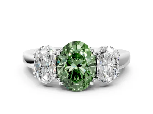 Fancy Green Three-Stone Oval Cut Cut Diamond Ring with Channel Set Band and Four-Prong Setting Platinum