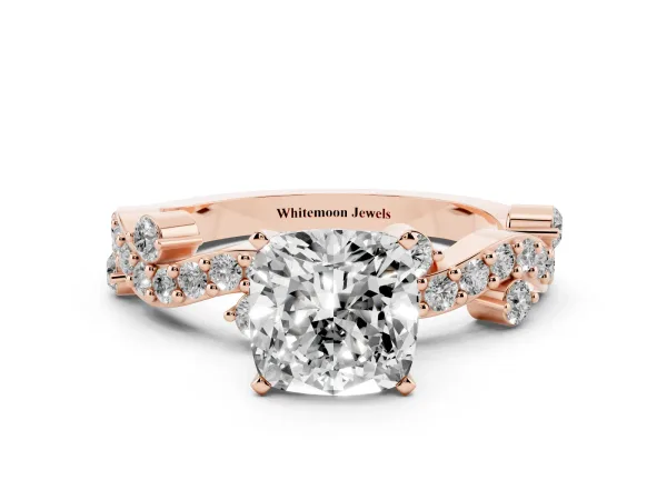 Cushion Cut Cut Solitaire Diamond Twisted Band with Pave Setting Rose gold
