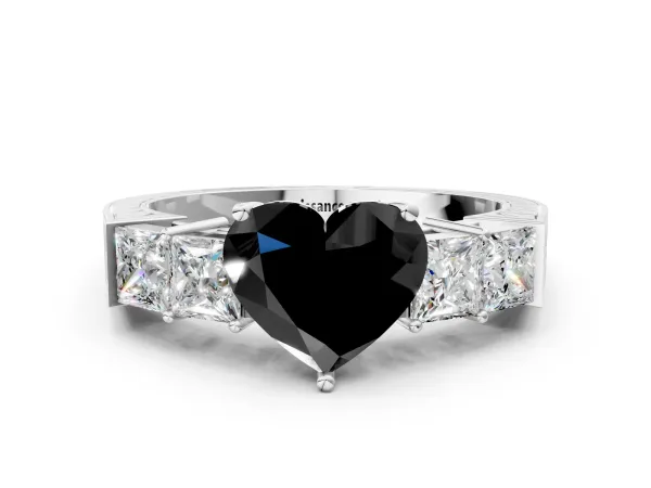 Fancy Black Heart Cut Solitaire Princess Side Stone Engraved Band Prong Setting Ring Platinum