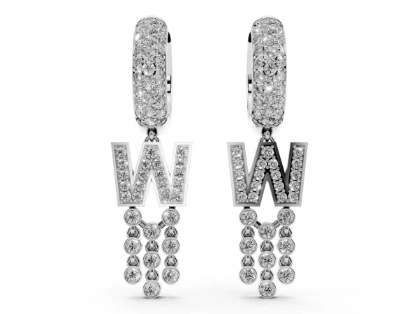Round Diamond Initial W Huggie Hoop Earrings Platinum