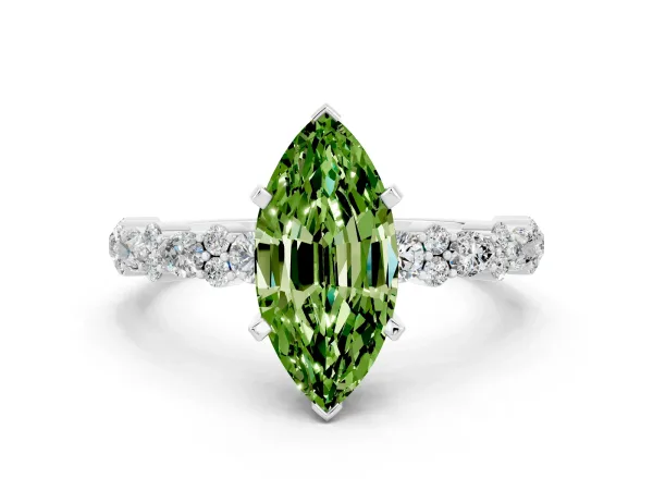 Marquise Cut Peridot Side Stone Solitaire Ring with Round and Four-Prong Setting White gold