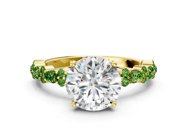 Round Cut Diamond Side Stone Solitaire Ring with Round Peridot and Four-Prong Setting Yellow gold