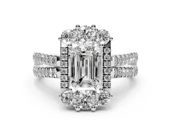 Emerald Cut Cut Halo Split Shank Ring with Prong Setting White gold