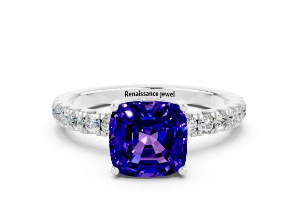 Cushion Cut Tanzanite Pave Band Solitaire Ring with Round and Prong Setting Platinum