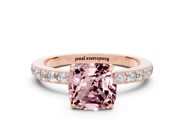 Cushion Cut Morganite Solitaire Engagement Ring with Pavé Band and Four-Prong Setting Rose gold