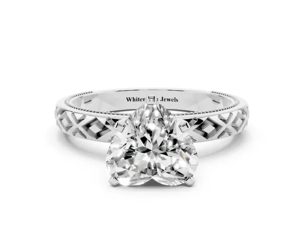 Heart Cut Solitaire Diamond Ring with Milgrain and Black Enamel X Pattern Band White gold
