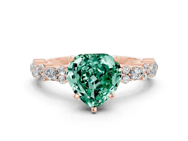Heart Cut Green Sapphire Side Stone Solitaire Ring with Round and Four-Prong Setting Rose gold