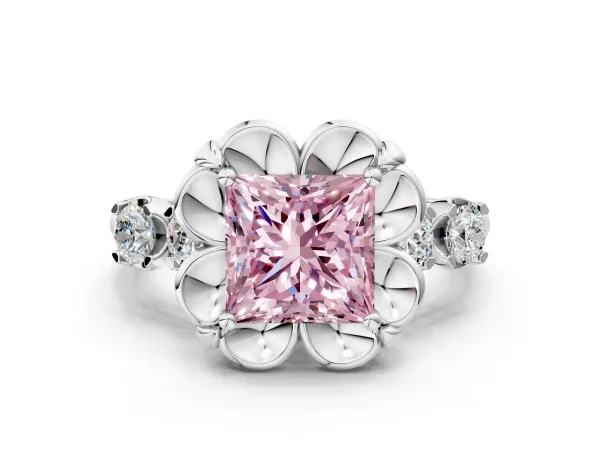 Fancy Pink Princess Cut Cut Diamond Floral Halo Engagement Ring with Shared Prong Setting Platinum