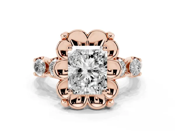 Radiant Cut Cut Diamond Floral Halo Engagement Ring with Shared Prong Setting Rose gold