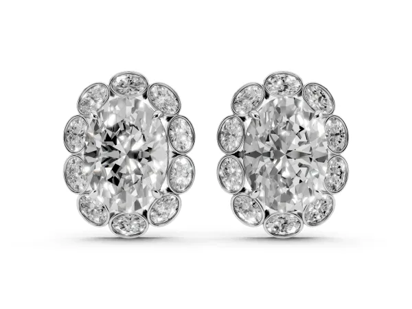 Oval Diamond Halo Stud Earrings with Oval Diamond Accents Platinum