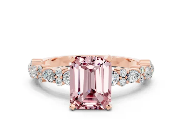 Emerald Cut Morganite Side Stone Solitaire Ring with Round and Four-Prong Setting Rose gold