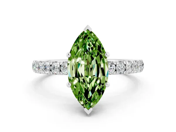 Marquise Cut Peridot Pave Band Solitaire Ring with Round and Prong Setting White gold