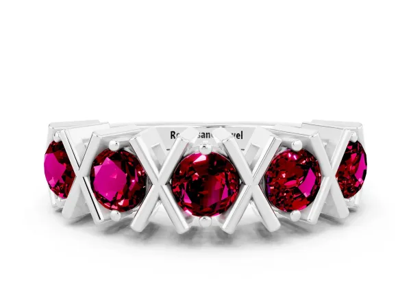 Round Garnet Channel Set Band with X-Prong Detail Platinum