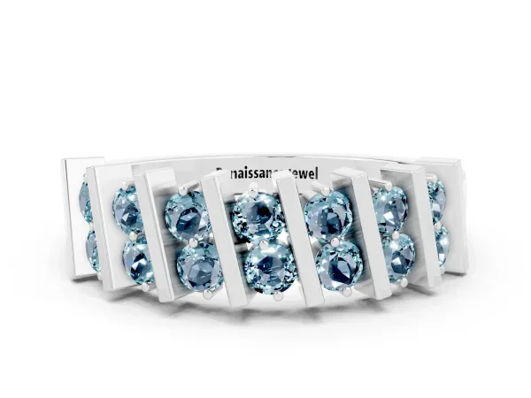 Channel Set Round Aquamarine Anniversary Band with Vertical Prongs Platinum