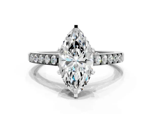 Marquise Cut Diamond Solitaire Ring with Crossover Gallery and Round Pavé Band Silver