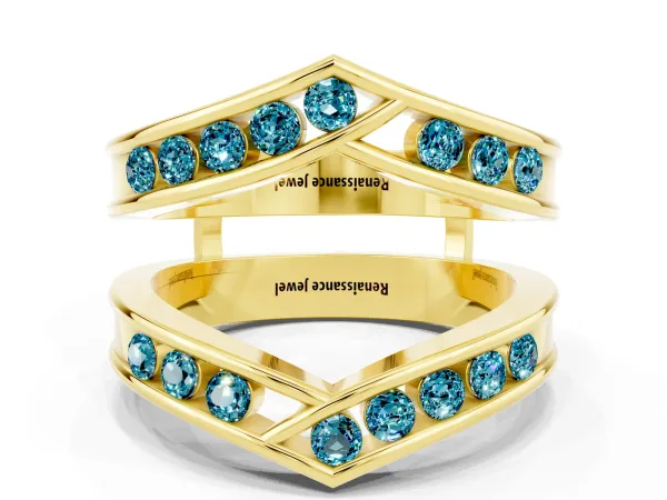 Round Blue Topaz Channel-Set Chevron Band Yellow gold
