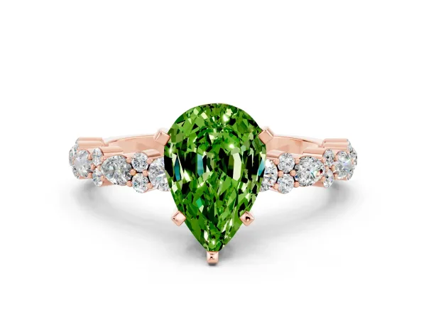Pear Cut Peridot Side Stone Solitaire Ring with Round and Four-Prong Setting Rose gold