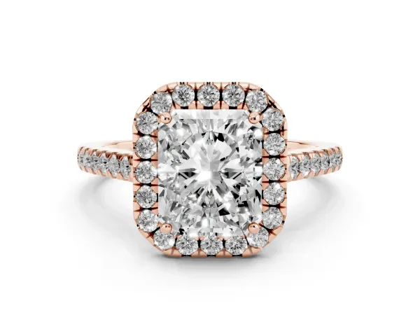 Radiant Cut Halo Pavé Diamond Engagement Ring with Four-Prong Setting Rose gold