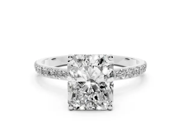 Radiant Cut Diamond Solitaire Ring with Round Pavé Shoulders and Prong Setting Platinum