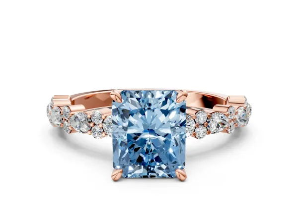 Fancy Blue Radiant Cut Diamond Side Stone Solitaire Ring with Round and Four-Prong Setting Rose gold