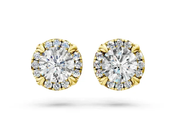 Round Cut Diamond Halo Stud Earrings with Pavé Accents Yellow gold
