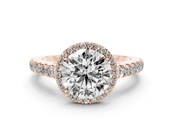 Round Cut Cut Halo Diamond Engagement Ring with Pave Band and Four-Prong Setting Rose gold