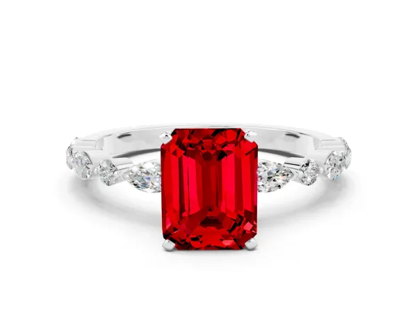 Emerald Cut Ruby Ring with Marquise and Round Side Stones and Four-Prong Setting Platinum