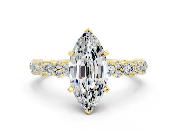 Marquise Cut Moissanite Side Stone Solitaire Ring with Round and Four-Prong Setting Yellow gold