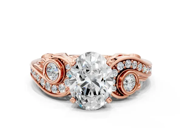 Oval Cut Diamond Solitaire Ring with Milgrain Pavé Band and Four-Prong Setting Rose gold