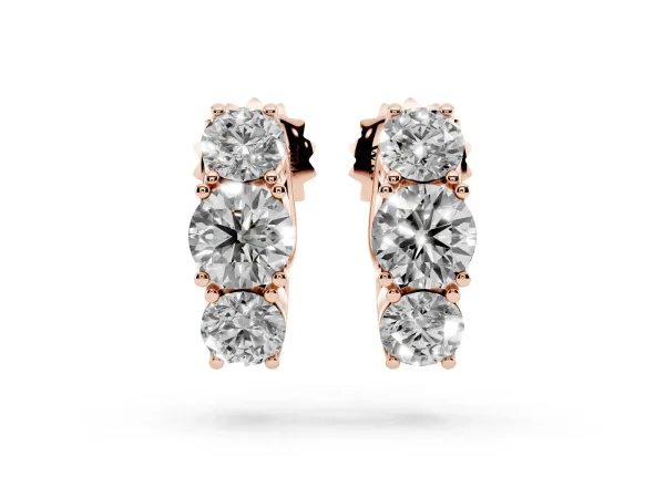 Round Diamond Prong Set Three-Stone White Gold Earrings Rose gold