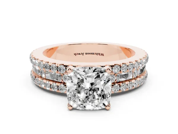 Cushion Cut Diamond Solitaire Ring with Pavé and Channel Set Band Rose gold