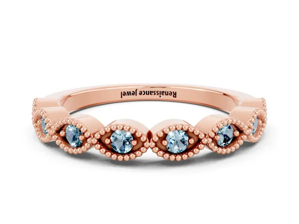 Milgrain Marquise Aquamarine Half Eternity Band with Bezel Setting Rose gold