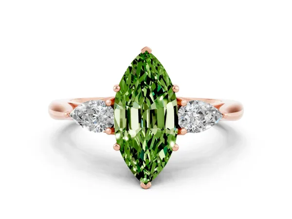 Marquise Cut Peridot Three-Stone Ring with Pear Side Stones and Prong Setting Rose gold