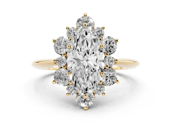 Marquise Cut Diamond Cluster Halo Ring with Solitaire Band and Four-Prong Setting Yellow gold