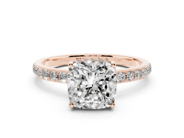 Cushion Cut Diamond Solitaire Ring with Pavé Band and Hidden Halo Rose gold