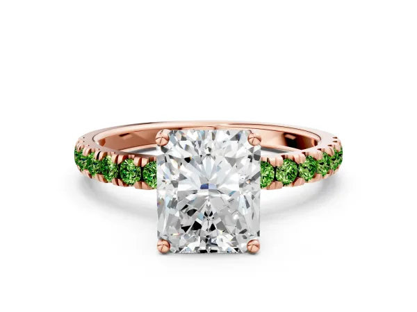Radiant Cut Diamond Pave Band Solitaire Ring with Round Peridot and Prong Setting Rose gold