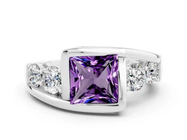 Bezel Set Princess Cut Amethyst Bypass Ring with Round Accents Platinum